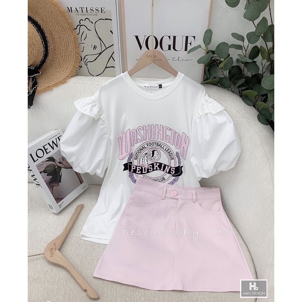 Sét áo thu kèm cv cho bé gái, set áo cotton tay bồng họa tiết Washington kèm chân váy hồng siêu xinh cho bé sz 10-33kg