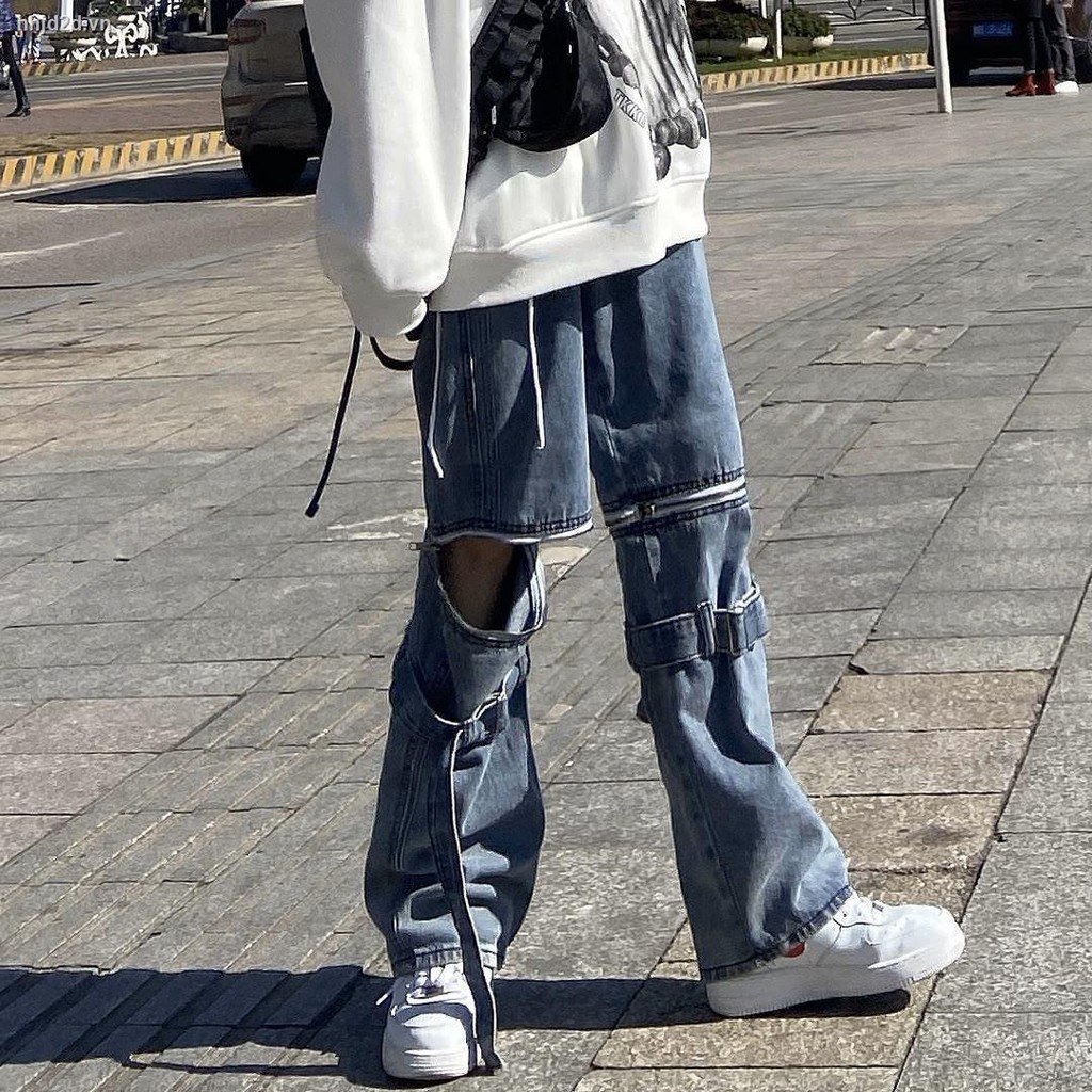 Quần dài jean ống rộng phối khóa kéo thời trang hè có thể tháo rời cho nam nữ