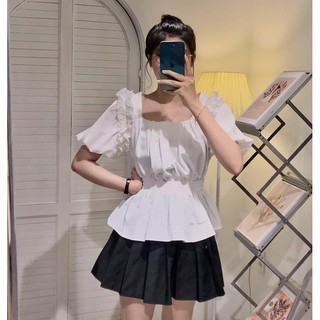 PITA TOP Áo peplum cổ U nhún ngực bèo vai tay phồng trắng đen nâu (ảnh thật)