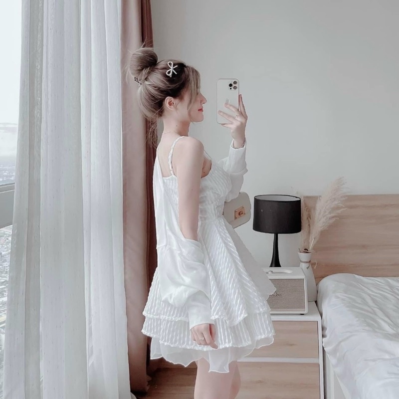 Đầm váy trắng xốp phối tơ xoè hai/2 dây đan eo thời trang nữ tiểu thư công chúa cute đi biển tiệc tùng party sinh nhật