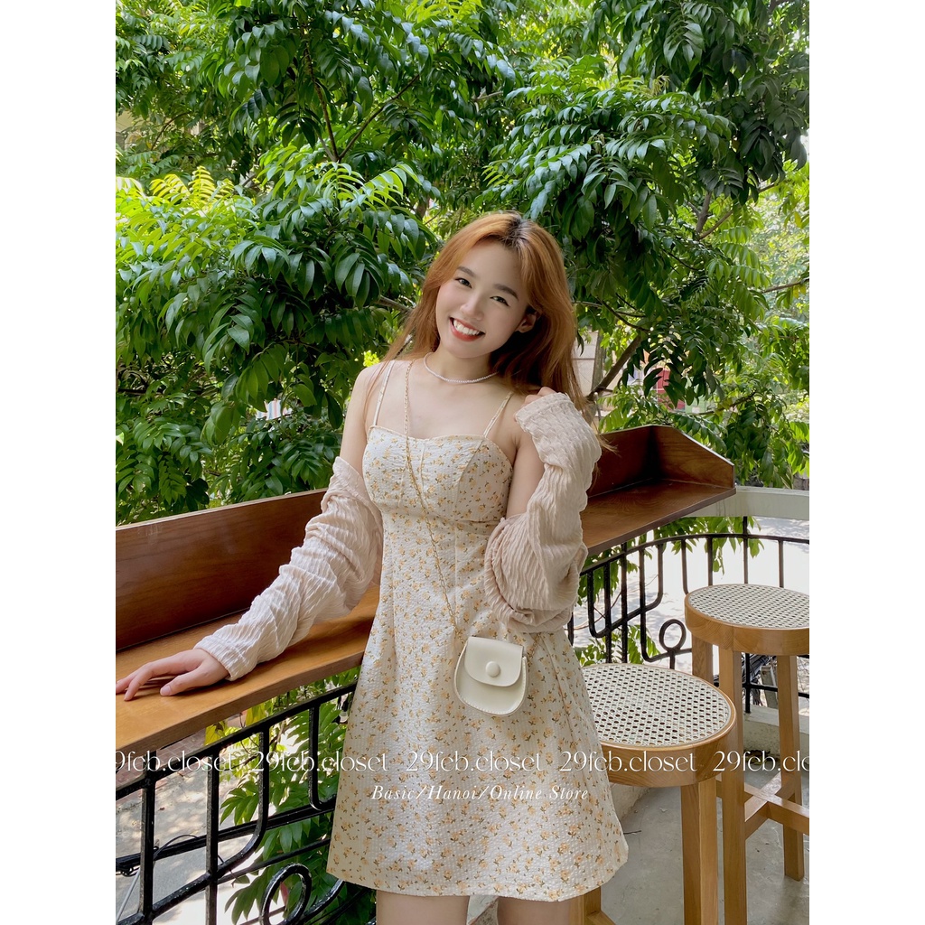 Set váy hai dây hoa nhí lưng chun kèm khoác cardigan dáng lửng - 29feb.closet - S32