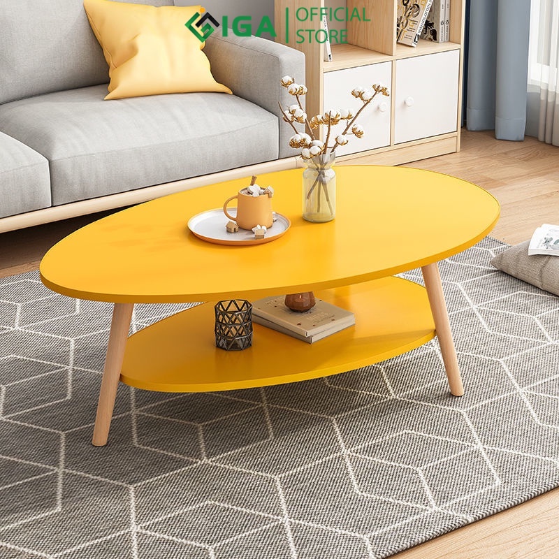 Bàn trà hình trứng chân gỗ sồi 2 tầng thương hiệu IGA GP56