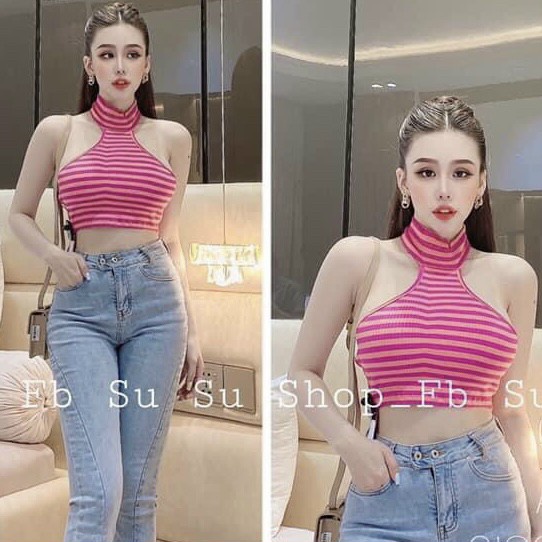 Áo Croptop Nữ Sát Nách Cổ Yếm Sọc