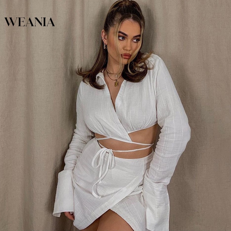 Bộ Áo Tay Dài Cổ Chữ V + Chân Váy Lưng Cao Xẻ Tà Thời Trang Dành Cho Nữ