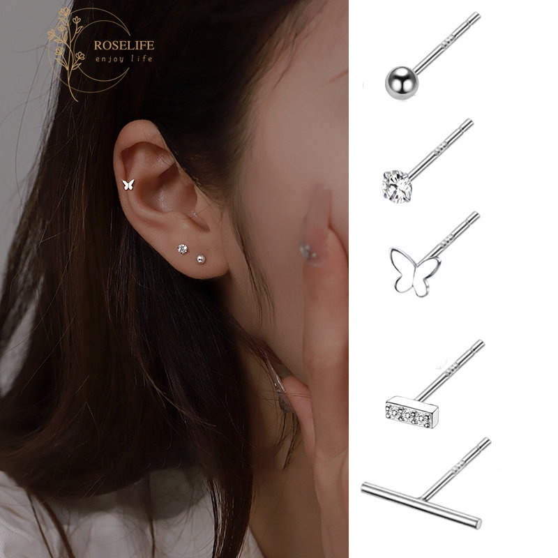 Set 5 Khuyên Tai Bạc S925 Hình Trái Tim Đính Đá Chống Dị Ứng