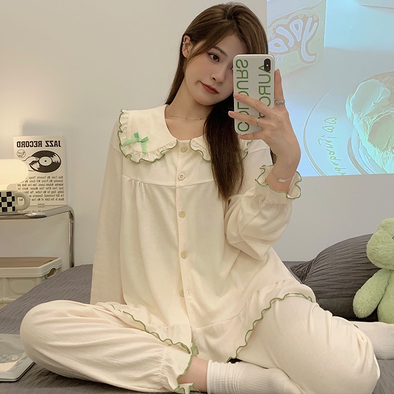 Bộ Đồ Ngủ Tay Dài Chất Cotton Thời Trang Xuân Thu 2022 Dễ Thương Cho Nữ La109