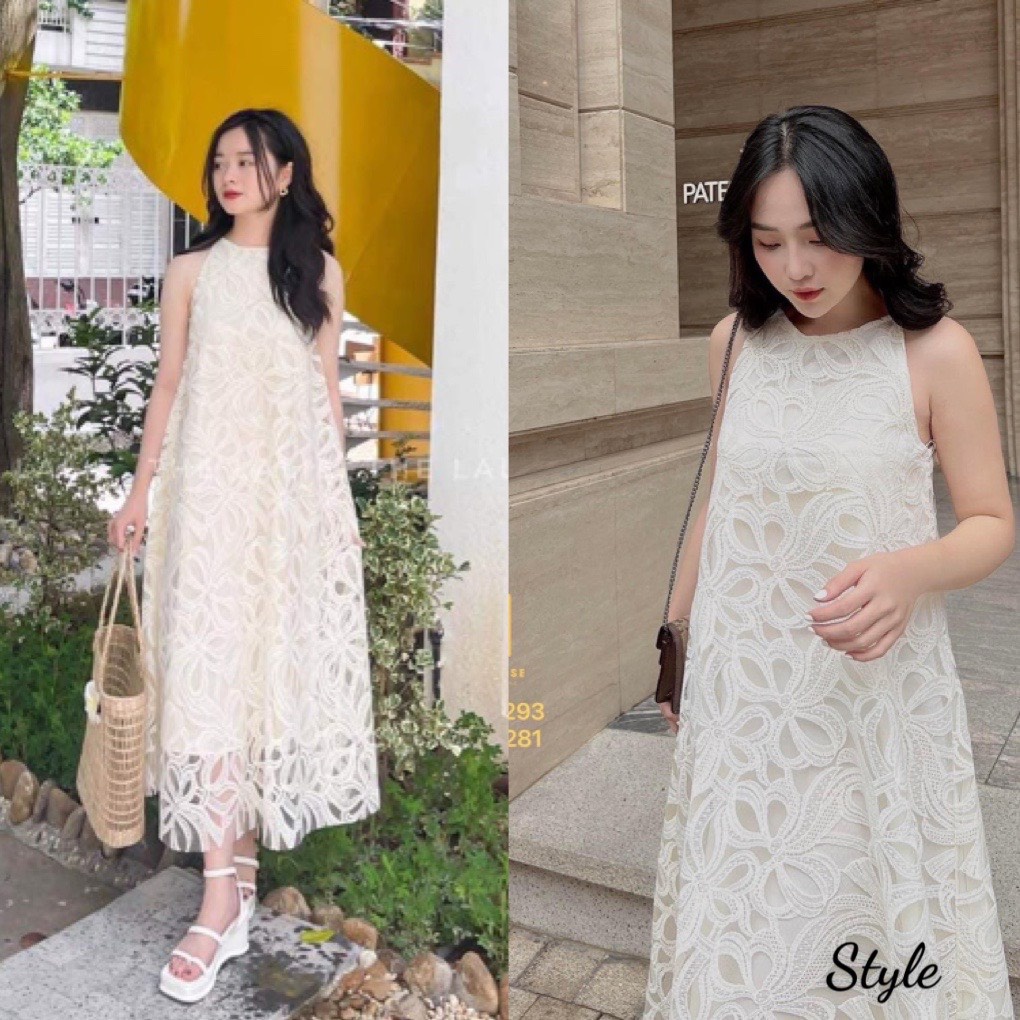 Váy nữ cổ yếm họa tiết ren 2 lớp mặc đi biển cực sang chảnh VN2203