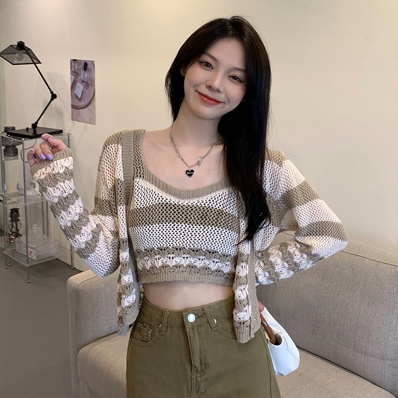 Set Áo Dây Dệt Kim Họa Tiết Kẻ Sọc Và Áo Khoác cardigan Thời Trang Nữ Tính