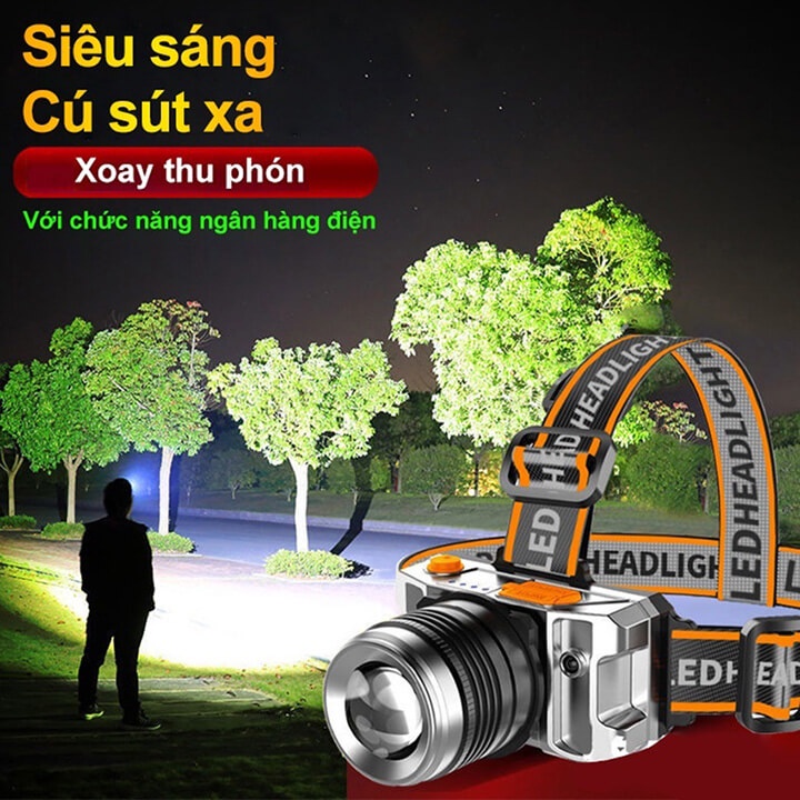 Đèn pin siêu sáng đội đầu 1 bóng chiếu xa 200m, có Zoom xa gần, 3 chế độ, đèn pin đeo trán chống thấm nước ip67 | BigBuy360 - bigbuy360.vn