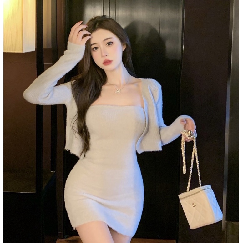 Set áo khoác + đầm lông xám phong cách ulzzang