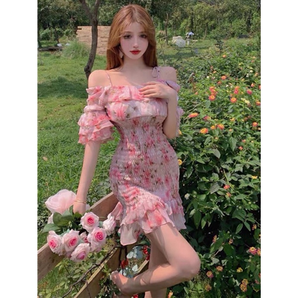 (ORDER.buiny)Váy bánh bèo ulzzang tiểu thư trễ vai chân xoè đuôi cá Hoạ Tiết hoa nhí ôm body | BigBuy360 - bigbuy360.vn