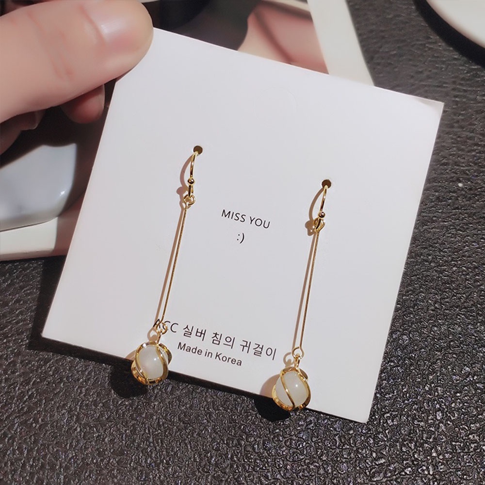 Bông tai dáng dài đính đá Opal đơn giản thời trang dành cho nữ