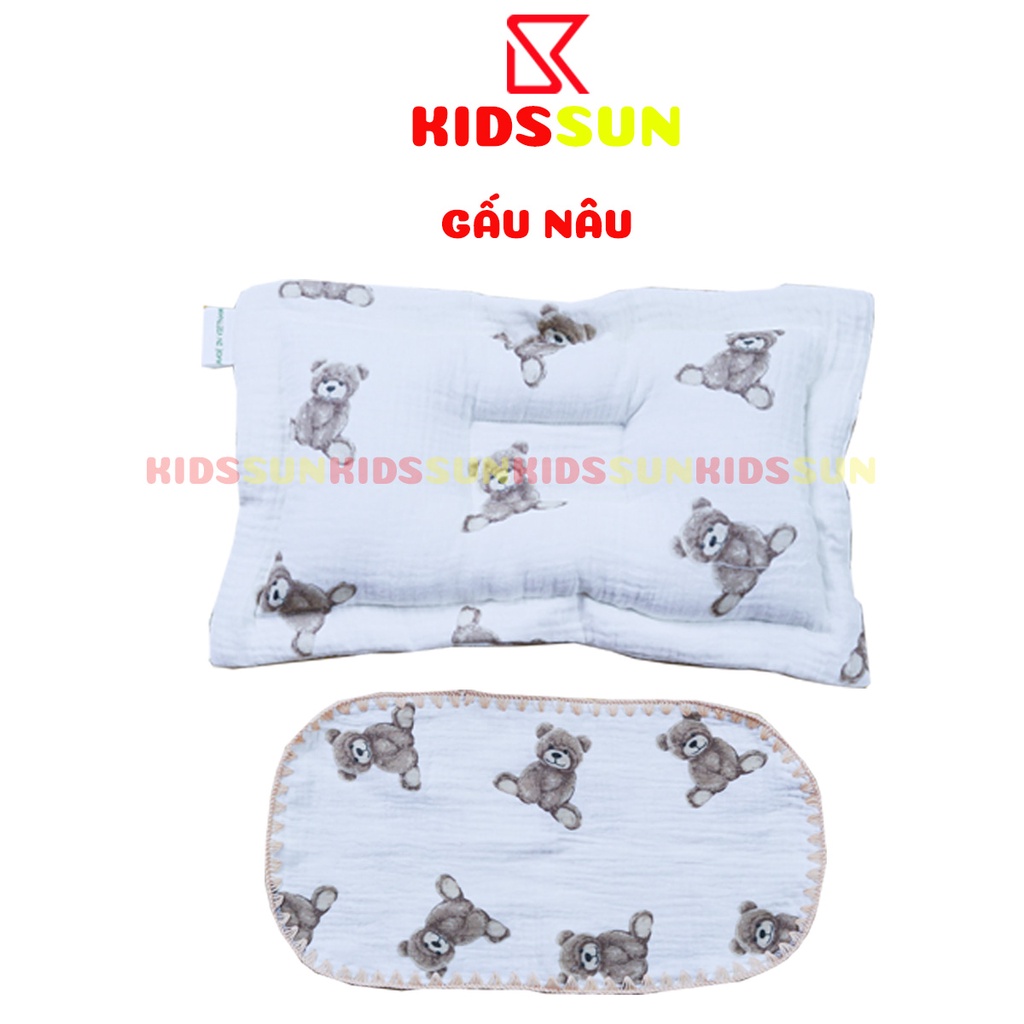 Bộ Gối Chống Lõm Đầu Và Khăn Lót Mồ Hôi Cao Cấp Cho Bé Kidssun Chất Liệu Vải Xô Mềm Mịn Thoáng Mát Thấm Hút Mồ Hôi