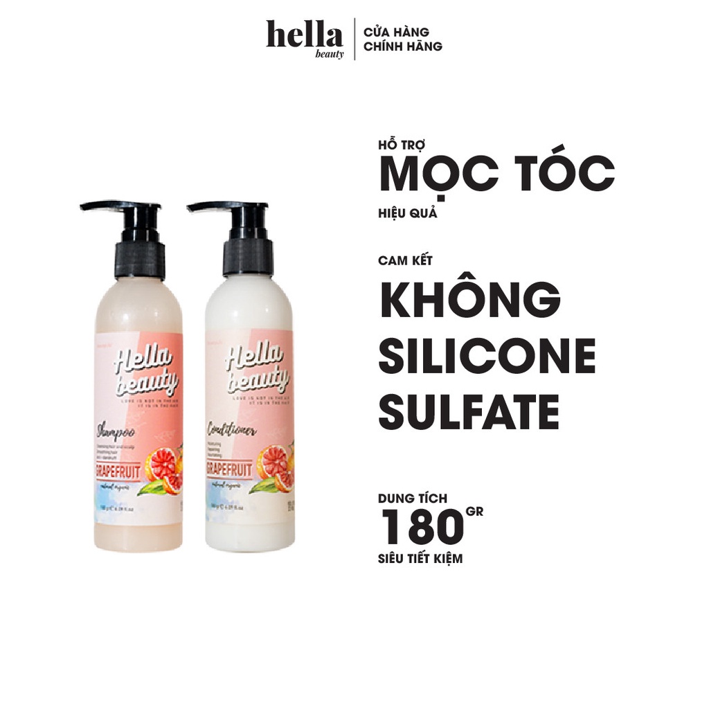 Combo Dầu Gội Xả Bưởi Mọc Tóc Grapefruit 180g Hella Beauty Dành Cho Tóc Khô, Tinh Dầu Bưởi Thảo Mộc Giảm Rụng Bộ 2 chai