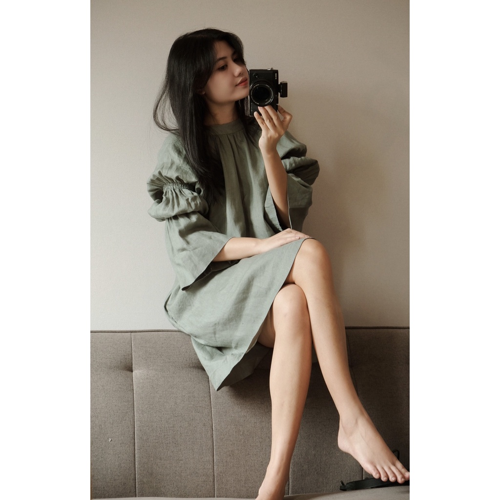 Đầm linen tay lồng đèn ba tầng cách điệu dài midi | AURORA DRESS | CHAMU LINEN