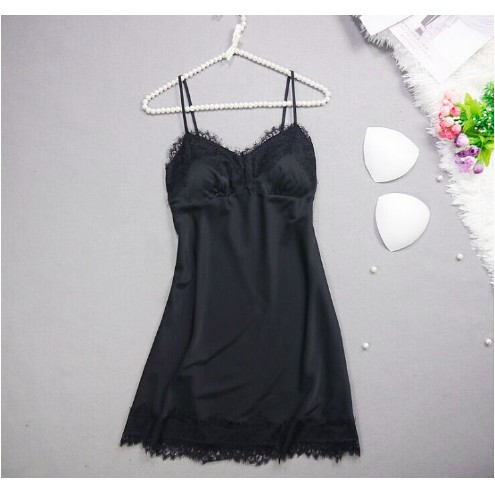 (Có size) Váy ngủ 2 dây lụa phối ren có đệm ngực, chất mỏng nhẹ, thoáng mát