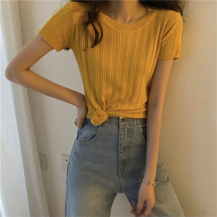 Áo Len Dệt Kim Cổ Tròn Tay Ngắn Nhiều Màu Phong Cách Đơn Giản Hàn Quốc | Smide Clothing