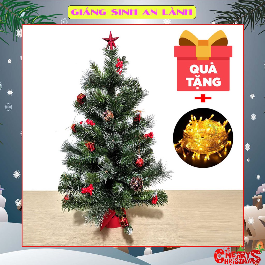 Cây thông noel mini để bàn 77cm trang trí giáng sinh hàng Việt Nam chất lượng cao 3 loại lá tặng kèm dây đèn led 8m vàng