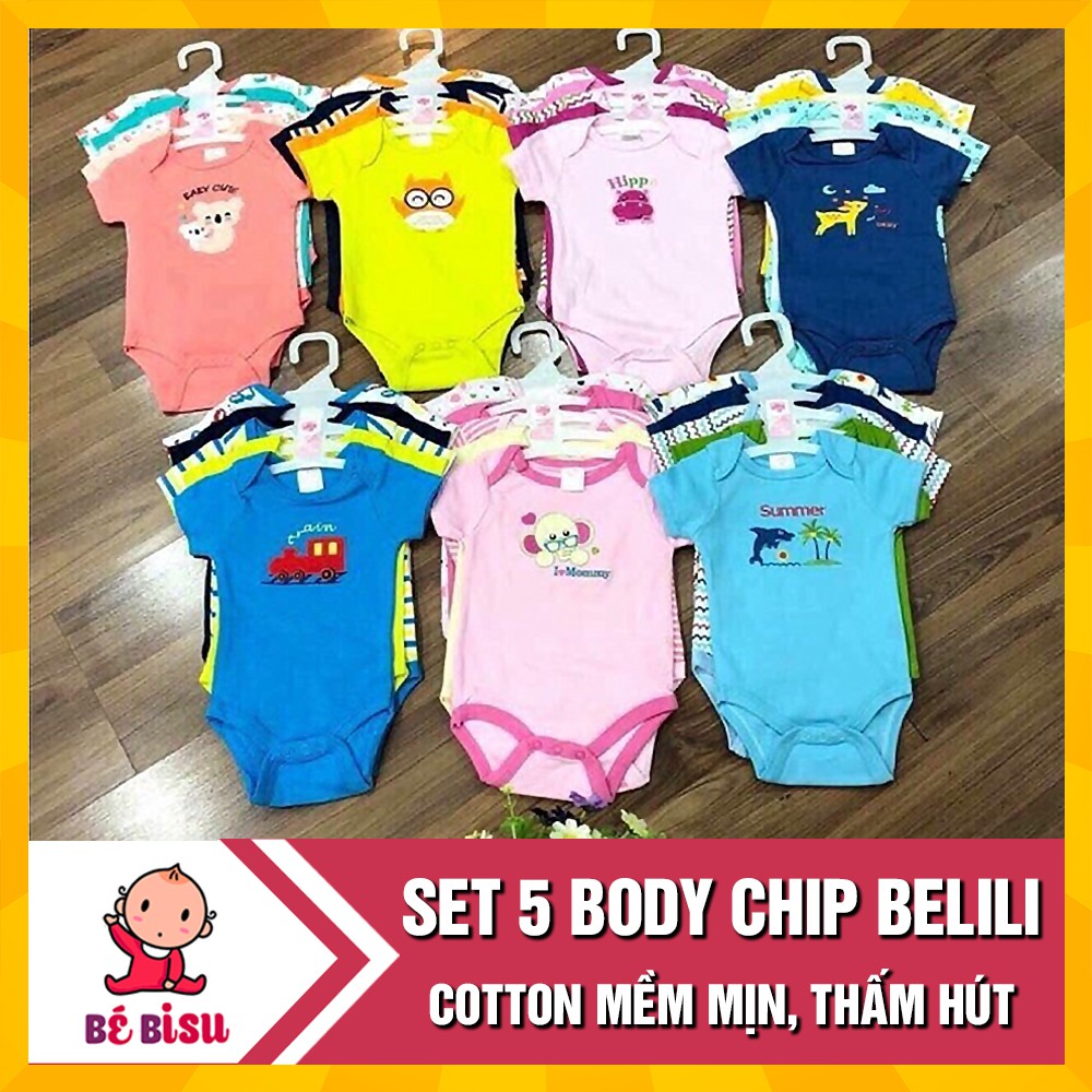 Sét 5 body Chip Belili cotton mềm mịn, thấm hút cho bé 0-12 tháng