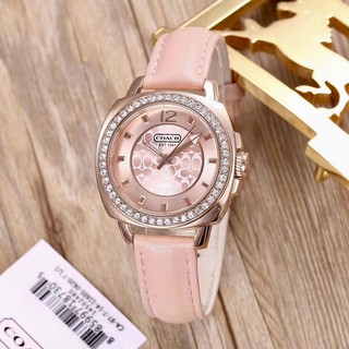 Đồng Hồ Coach Nữ Dây Da Hồng 35mm Mặt Đính Đá - Chính Hãng