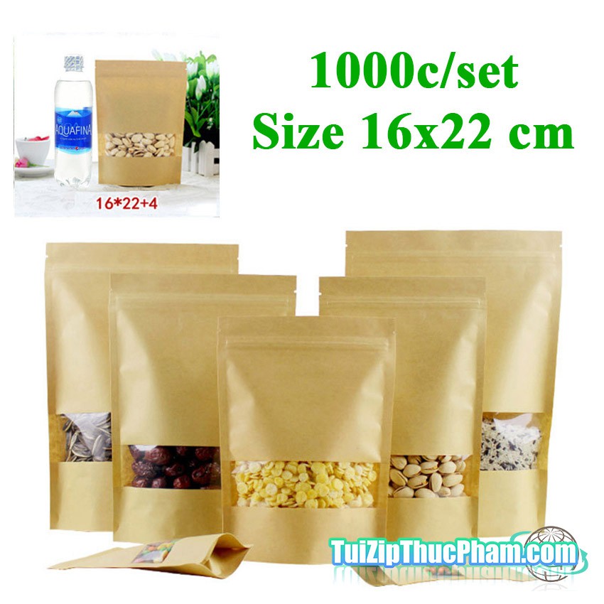 1000 cái túi zipper size 16x22cm, túi zip giấy kraft cửa sổ tràn viền, túi zipper đựng thực phẩm chất lượng cao giá sỉ