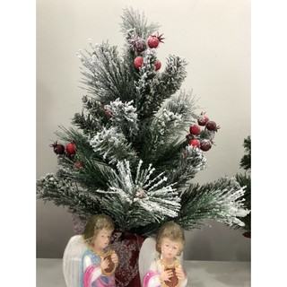 315. Cây thông mini đầu tròn quấn chỉ 3 loại lá phủ tuyết có trang trí 38cm