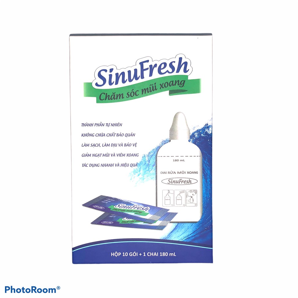 Bình + muối rửa mũi xoang Cát Linh Sinufresh ,  Hộp 10 gói muối và 1 bình xịt 180ml