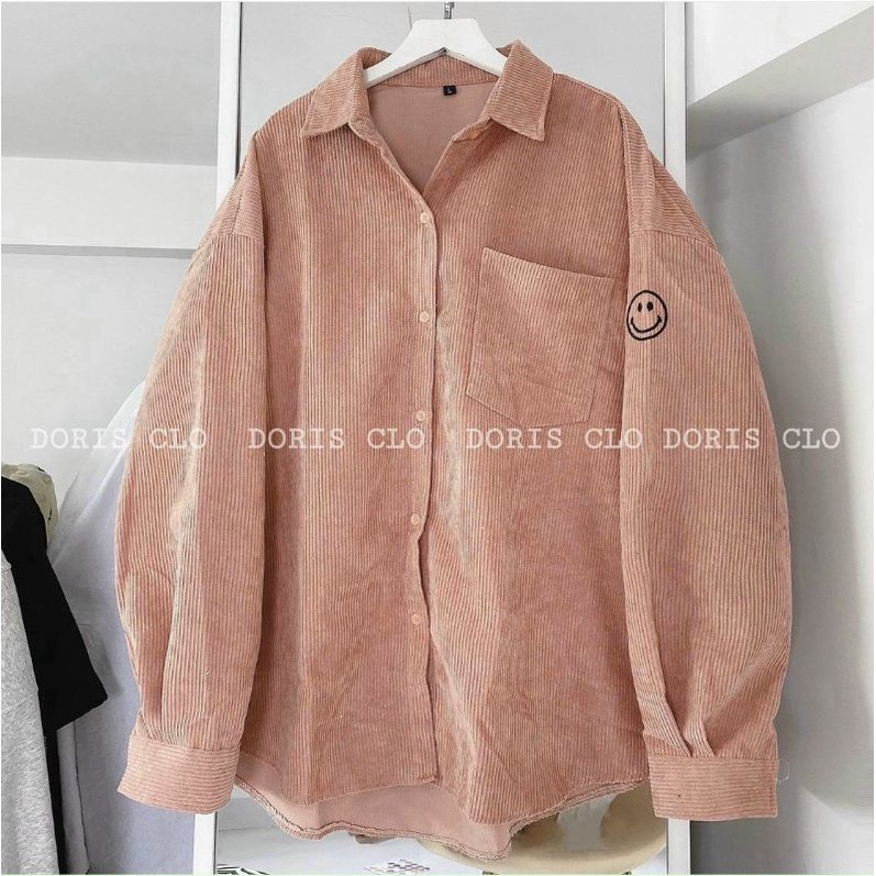 Áo khoác sơ mi nhung thêu mặt cười có túi trước form rộng ulzzang cực đẹp - TD TEENSHOP