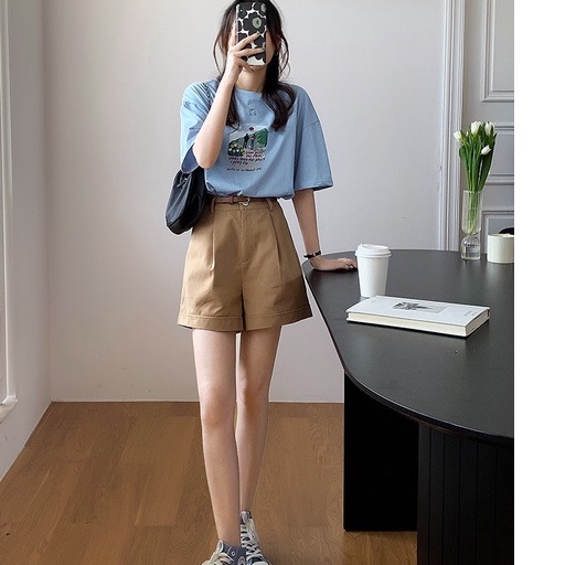 Quần short nữ cạp cao chất kaki, quần đùi nữ năng động kèm belt phong cách Hàn Quốc Okélla