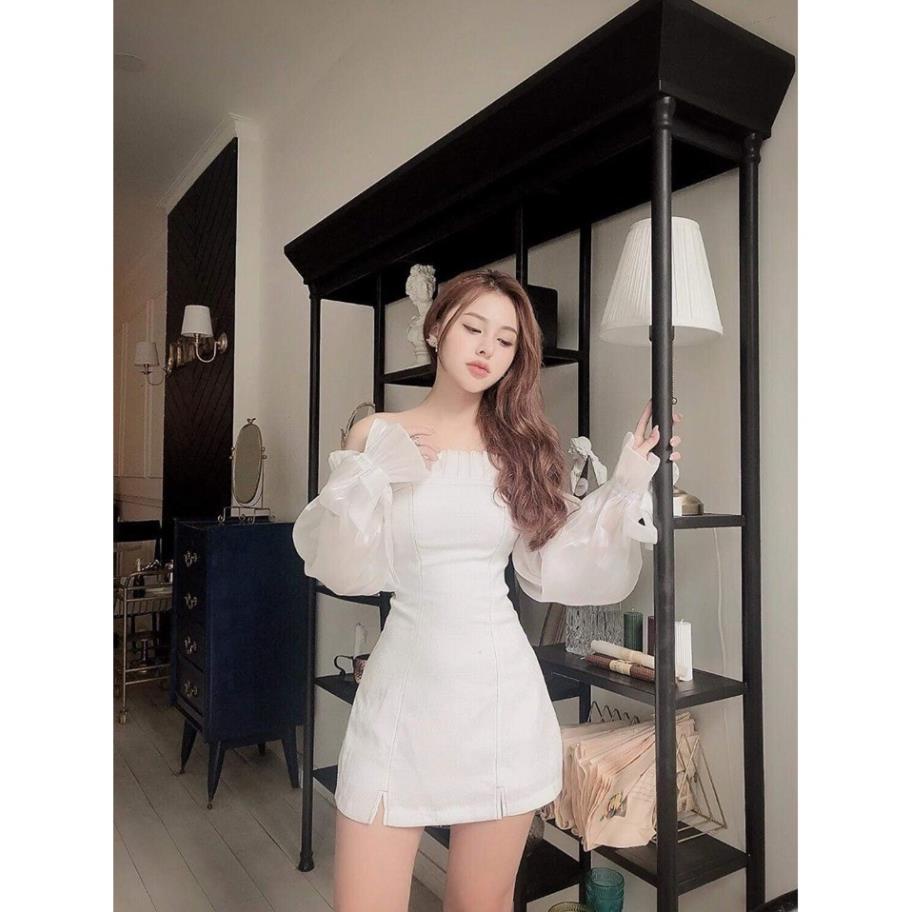 Đầm trễ vai dự tiệc tay phối lưới bóng kính siêu hot