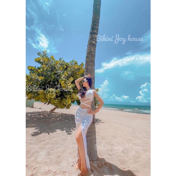 Bikini dây cột chéo phối chân váy dài 2 màu