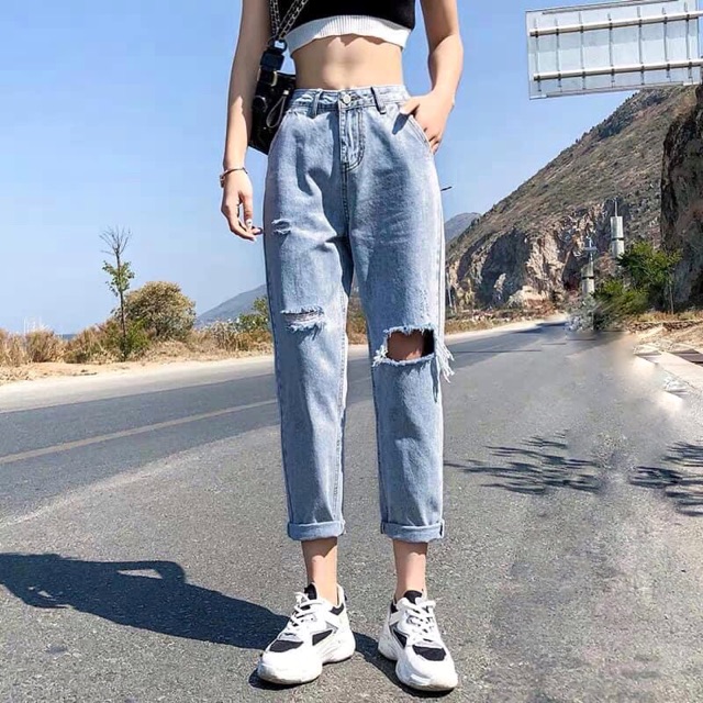 (Size 30~36)Quần Baggy Nam/Nữ Cực Xinh - Rách 1Gối Vuông Và 1 Gối 2 Ngang- Lưng Cao Siêu Đẹp