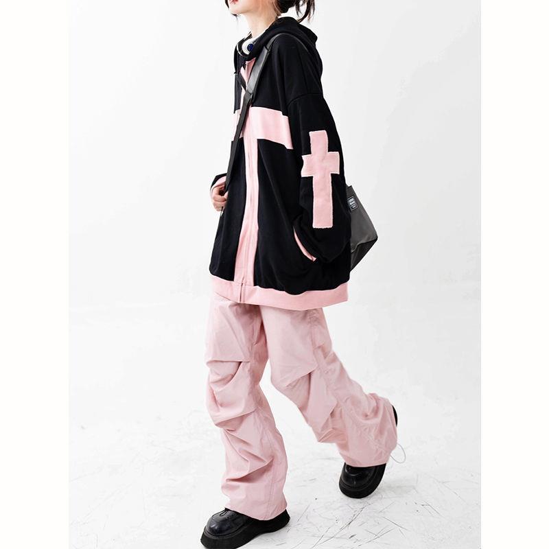 Áo Hoodie Dáng Rộng Cỡ Lớn Màu Sắc Tương Phản Thời Trang Mùa Thu Cho Cặp Đôi