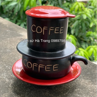 Phin pha cafe men đen khắc chữ COFFEE gốm sứ Bát Tràng cao cấp