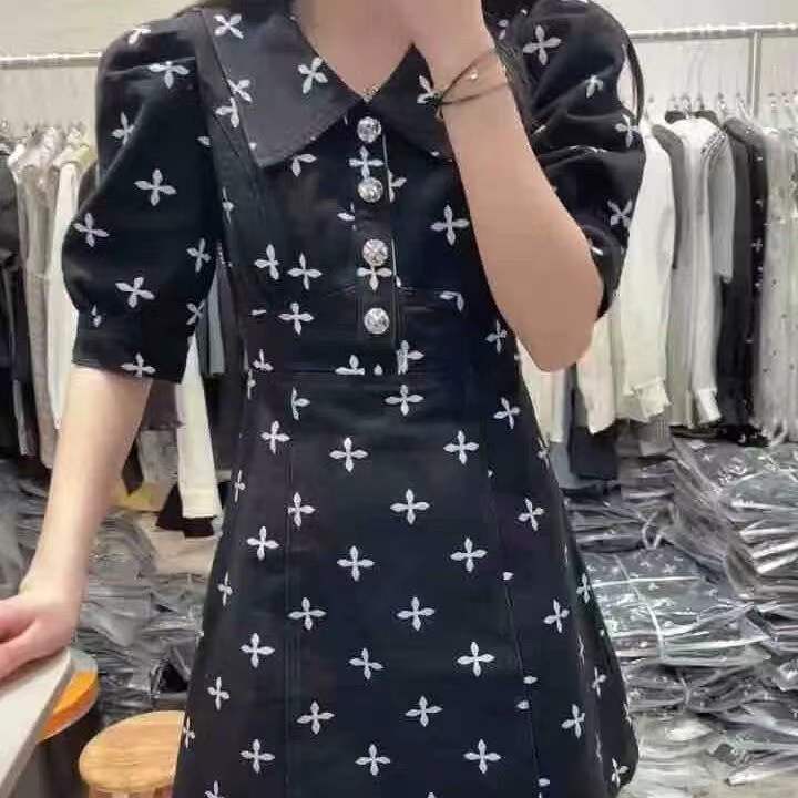 Váy chữ A tay ngắn in họa tiết kiểu Pháp mùa hè 2022 mới cho nữ