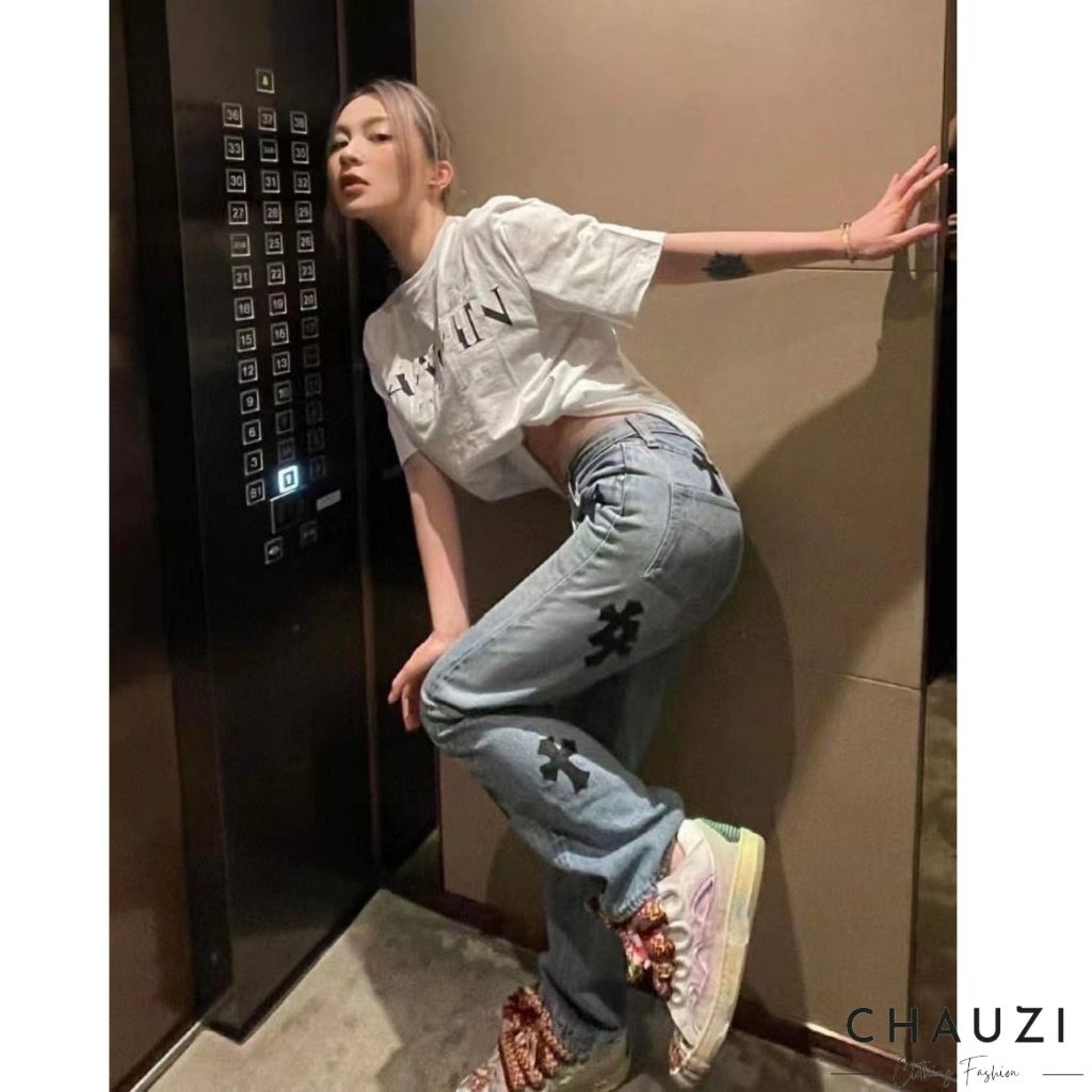 Quần jean ống rộng CHAUZI quần thêu chữ Thập kiểu ống rộng quần bò nam nữ Unisex dáng suông chất bò