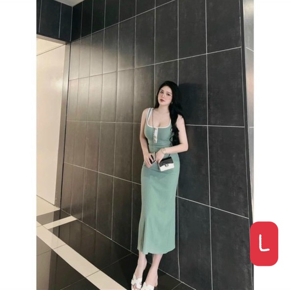 Đầm 2 dây viền màu cổ vuông ôm body dáng dài phối 3 nút ngực chất thun gân siêu tôn dáng