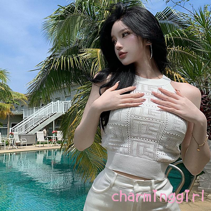 Áo Dệt Kim Sát Nách Cổ Tròn Màu Trơn Thời Trang Cho Nữ