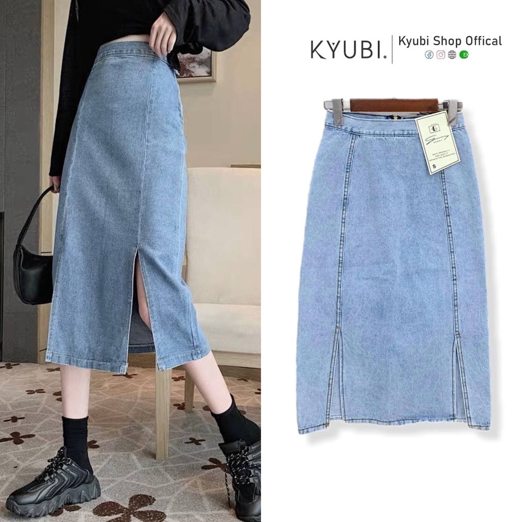 Chân váy dài Jean denim Midi Kyubi Xẻ tà Lưng cao dáng chữ A phong cách Hàn Quốc - Váy dài Ulzzang Kyubi CVJ02