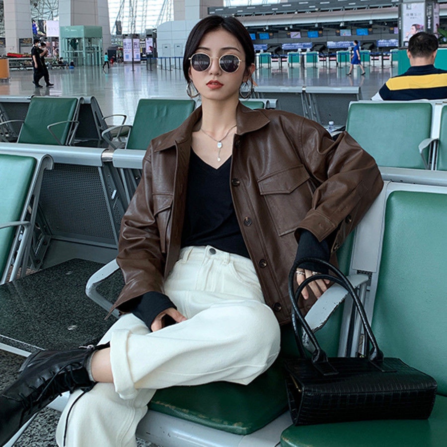 Áo khoác da phối lông dày thời trang thu đông phong cách Hong Kong cho nữ