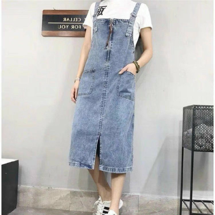 Yếm Váy Jeans Nữ Chất Bò Phối 2 Túi Trước Kèm Dây Kéo Mang Phong Cách Hàn Quốc 2021 - 516