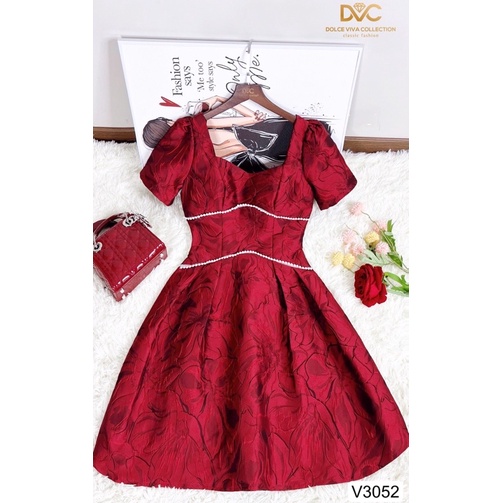 V3052 váy xoè hoa màu đỏ
