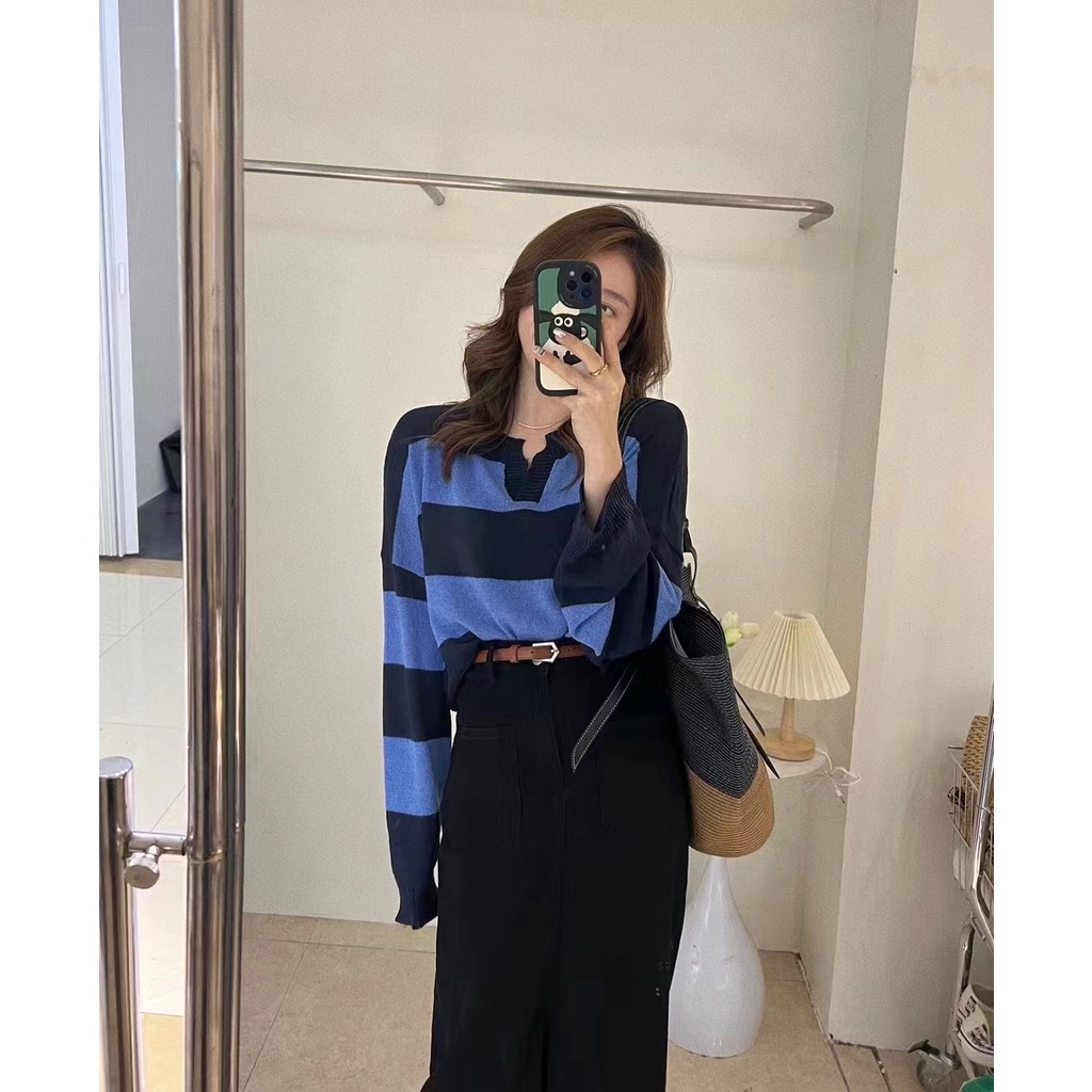 Áo len ZHELIHANGFEI tay dài cổ chữ V dáng rộng họa tiết kẻ sọc ngang