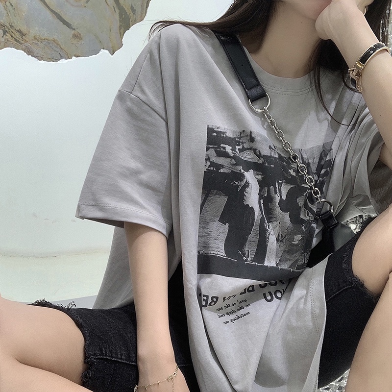 Áo thun SUXI tay ngắn dáng rộng in họa tiết phong cách retro thời trang mùa hè năng động cho nữ
