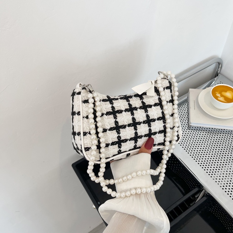Túi Xách Đeo Vai Hình Vuông Cỡ Nhỏ Họa Tiết Sọc Caro Trắng Đen Phong Cách Phương Tây Thời Trang Mùa Thu