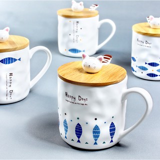 Cốc sứ hình mèo Happy Days có nắp đậy 400ml cao cấp