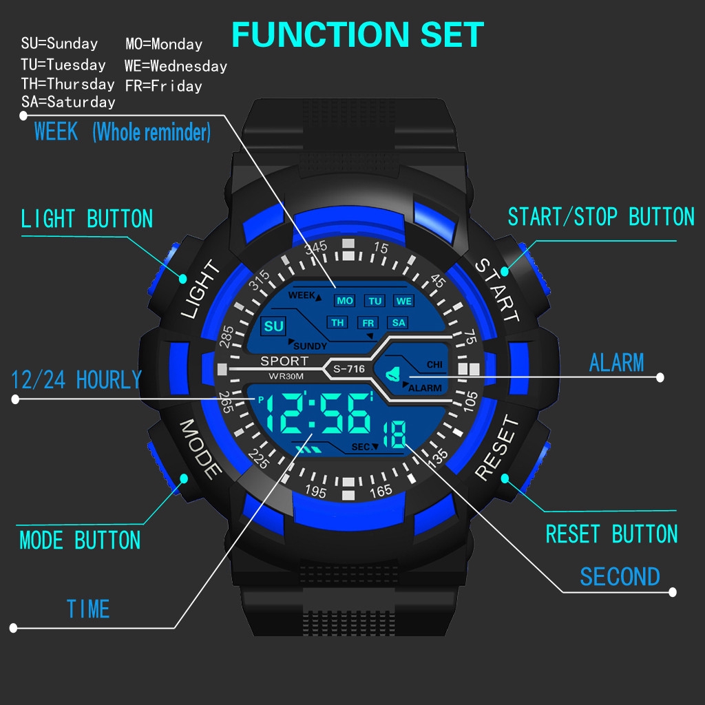 HONHX Men's Fashion Machinery Seven Colors Colorful Luminous Multifunction Waterproof Sports Electronic Watch