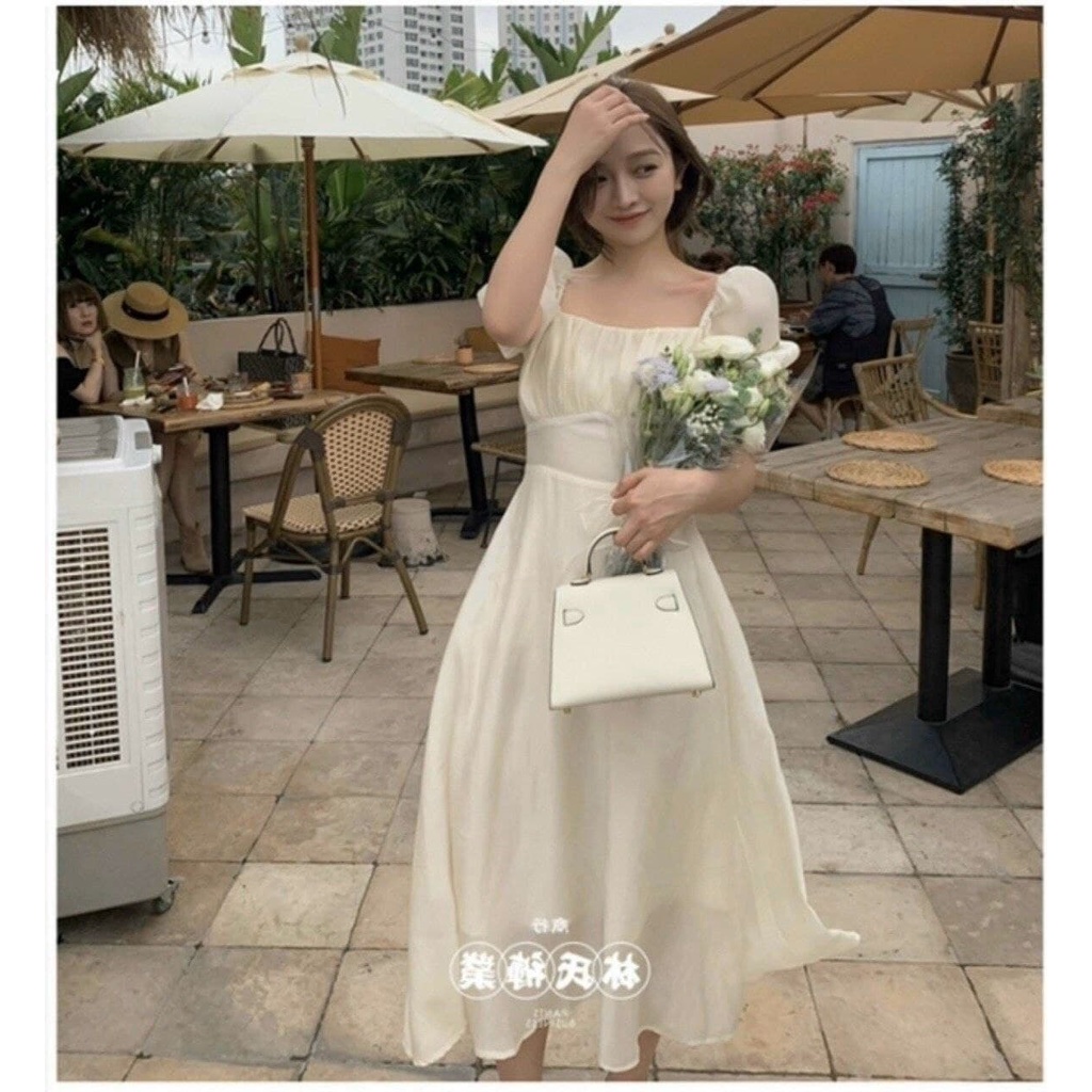 Đầm Dự Tiệc Thaingashop  Đầm Cổ Vuông Tay Phồng Nhún Ngực Vải Tơ Xốp Màu Trắng và Màu Nude Mặc Đi Tiệc, Đi Chơi D0544