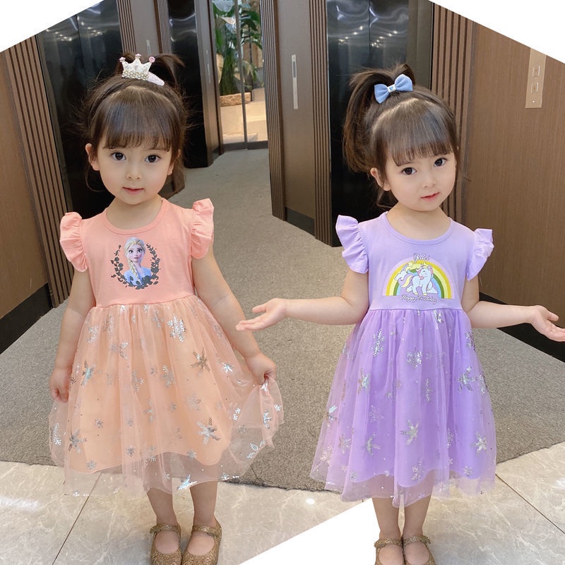 Đầm Công Chúa Phối Lưới Họa Tiết Hoạt Hình Thời Trang Mùa Hè Hàn Quốc 2022 Cho Bé Gái