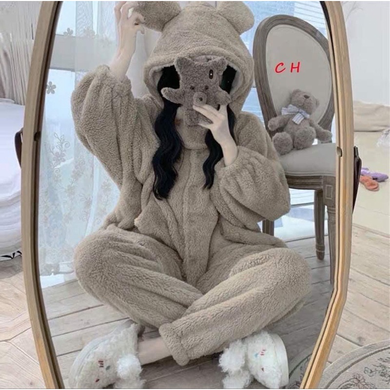 BỘ NGỦ LÔNG TAI GẤU CUTE 🦋BỘ MẶC NHÀ LÔNG CỪU SIÊU ẤM ULZZANG HÀN QUỐC, NENEE